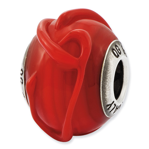 Sterling Silver Reflections Italian Red with Textured Lines Glass Bead