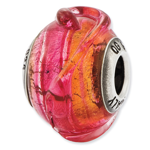 Sterling Silver Reflections Italian Pink and Textured Lines Glass Bead