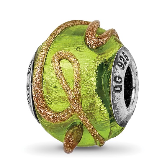 Sterling Silver Reflections Light Green with Textured Lines Glass Bead