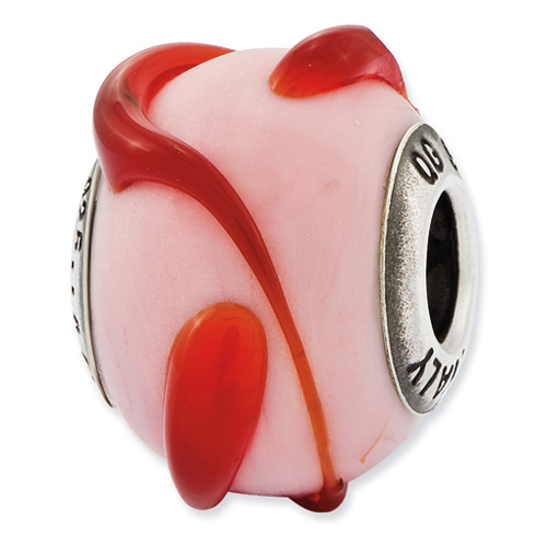 Sterling Silver Light Pink with Reddish Orange Lines Glass Bead