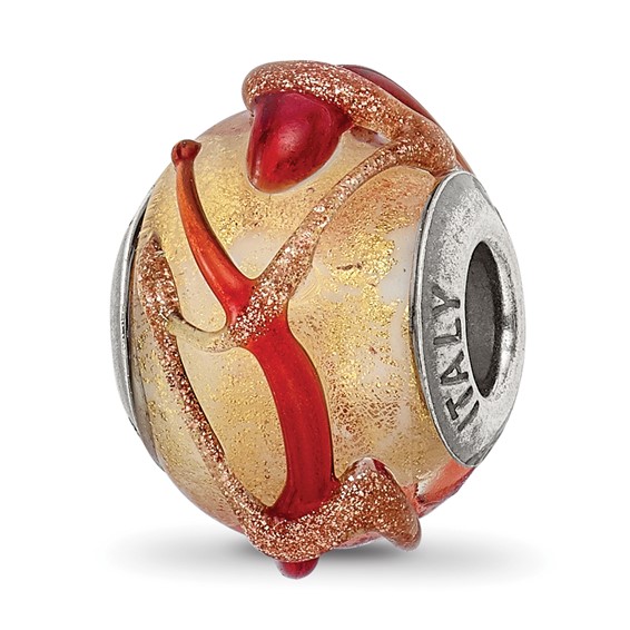 Sterling Silver Reflections Yellow with Brown Lines Glass Bead