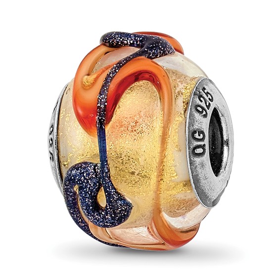 Sterling Silver Reflections Yellow Glass Bead with Blue Orange Lines