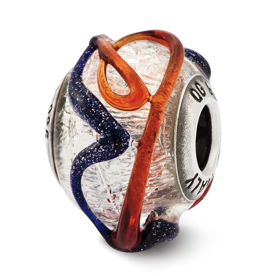 Sterling Silver Reflections Silver Glass Bead with Blue and Red Lines