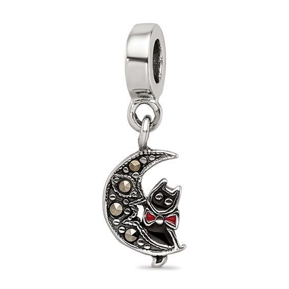 Sterling Silver Reflections Marcasite Cat and Moon Dangle Bead