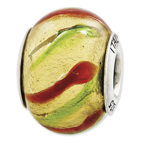 Sterling Silver Reflections Brown Green Gold Italian Murano Glass Bead