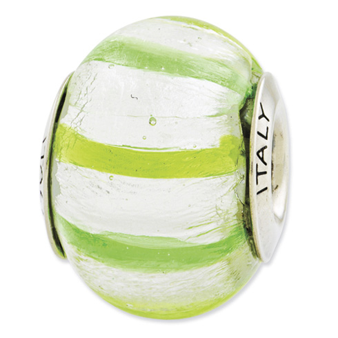 Sterling Silver Reflections Light Dark Green Italian Murano Glass Bead