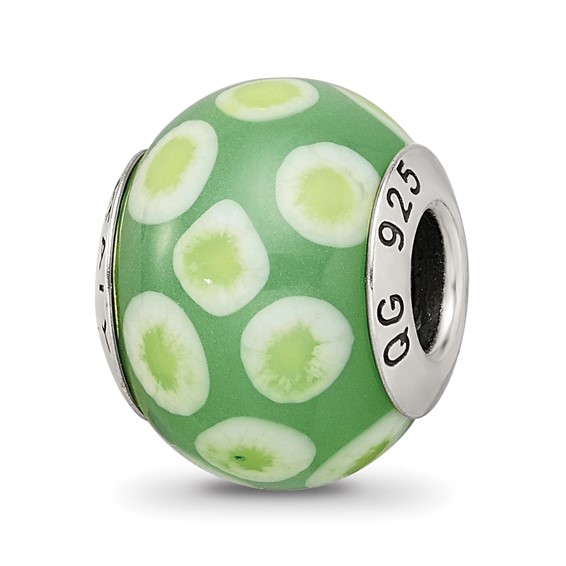 Sterling Silver Reflections Teal Green White Dots Murano Glass Bead