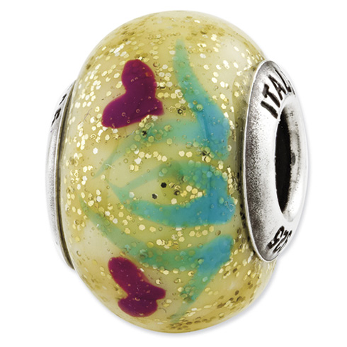 Sterling Silver Reflections Yellow with Red Flowers Murano Glass Bead