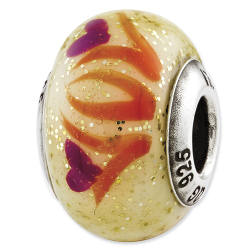Sterling Silver Reflections Yellow Murano Glass Bead with Pink Flowers