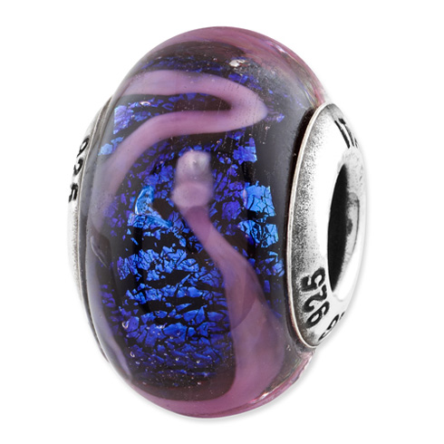 Sterling Silver Reflections Blue with Purple Swirls Glass Bead