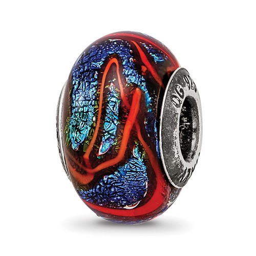 Sterling Silver Reflections Blue with Orange Swirls Glass Bead