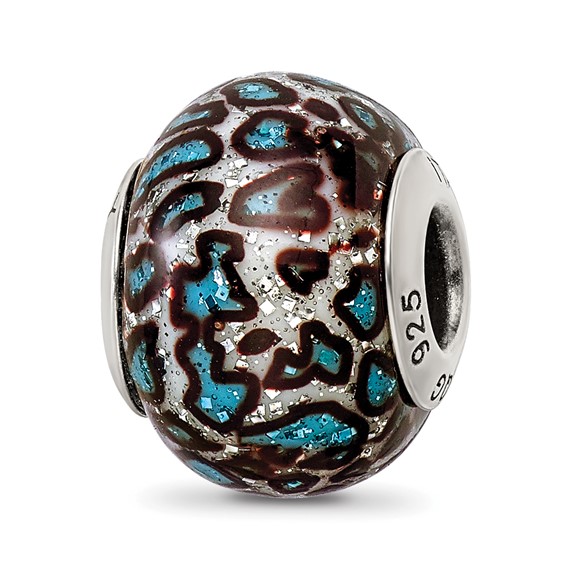 Sterling Silver Reflection Teal Print Overlay Italian Bead