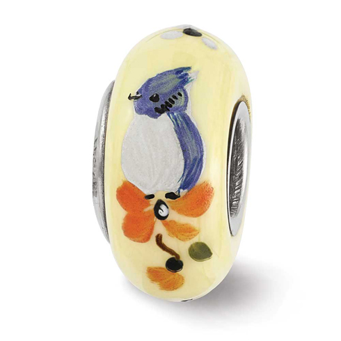Sterling Silver Reflections Hand Painted Baby Blue Jay Glass Bead