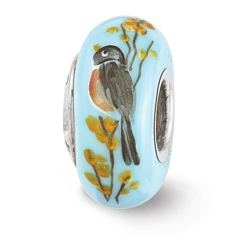 Sterling Silver Reflections Hand Painted Robin on Forsythia Glass Bead