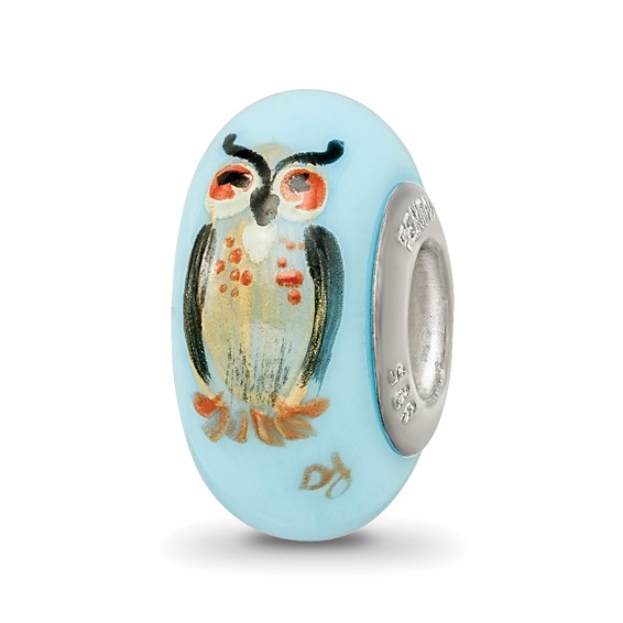 Sterling Silver Reflections Blue Hand Painted Wisdom Owl Glass Bead