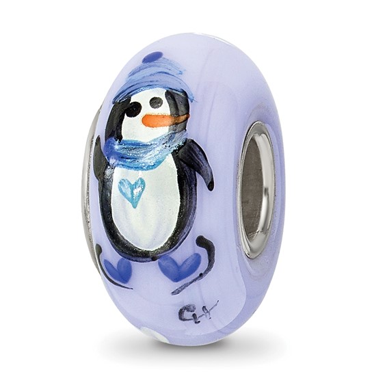 Sterling Silver Reflections Blue Hand Painted Penguins Glass Bead
