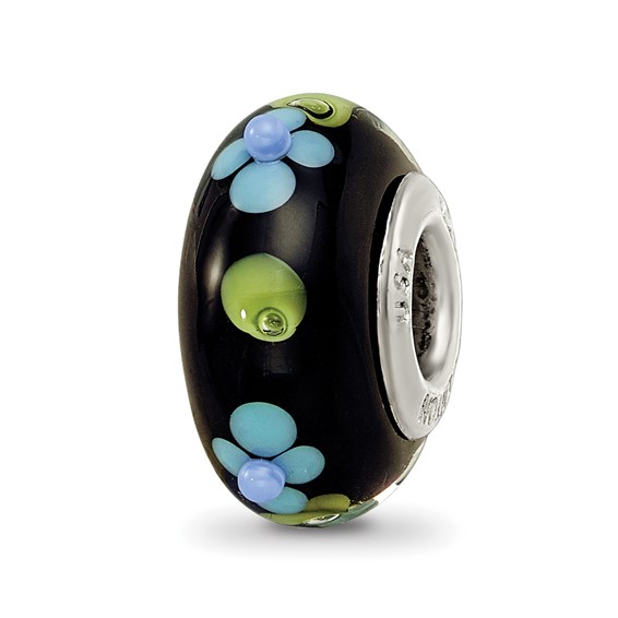 Sterling Silver Reflections Black Hand Painted Blue Floral Glass Bead