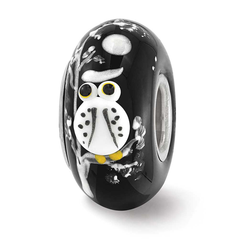 Sterling Silver Reflections Black Hand Painted White Owl Glass Bead