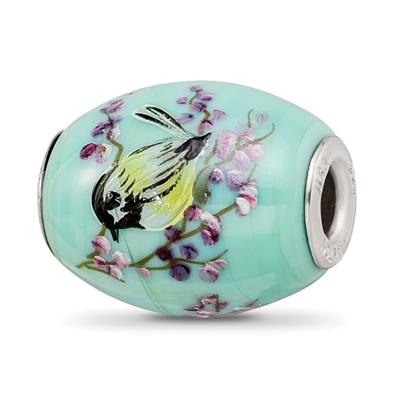 Sterling Silver Reflections Hand Painted Chickadee Floral Glass Bead