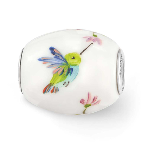 Sterling Silver Reflections Hand Painted Hummingbird Glass Barrel Bead