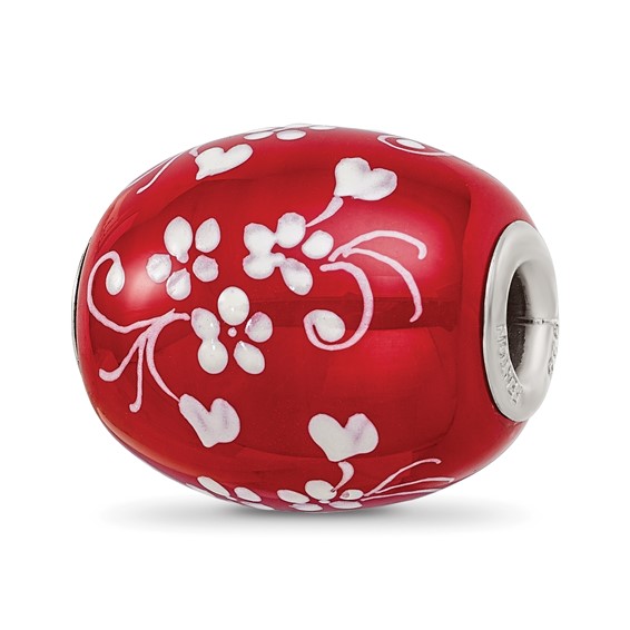 Sterling Silver Reflections Red Hand Painted Floral Hearts Glass Bead