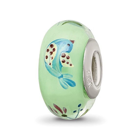 Sterling Silver Reflections Green Hand Painted Calico Bird Glass Bead