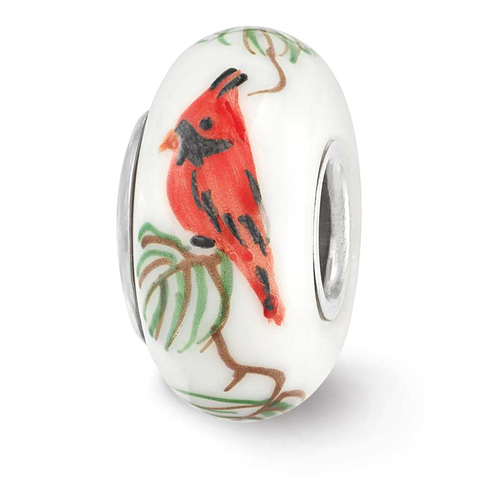 Sterling Silver Reflections White Hand Painted Cardinal Glass Bead
