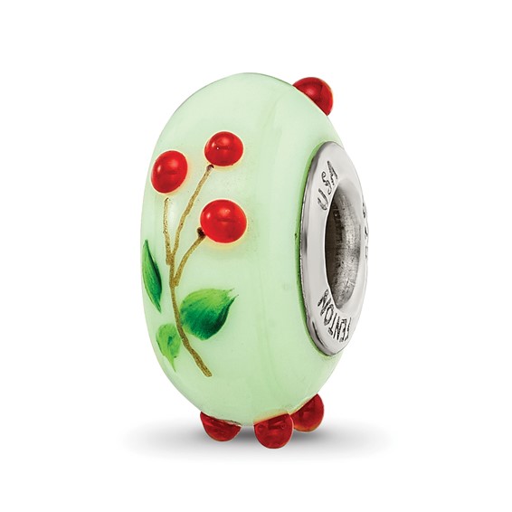 Sterling Silver Reflections Green Hand Painted Cherries Glass Bead