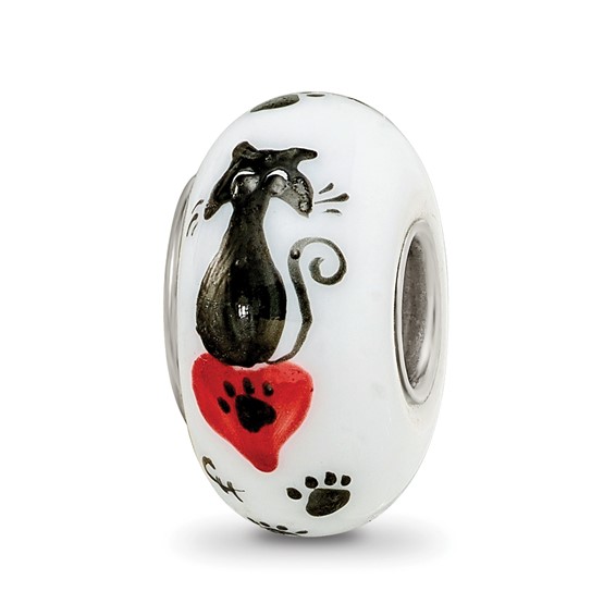 Sterling Silver Reflections White Hand Painted Cat Paws Glass Bead