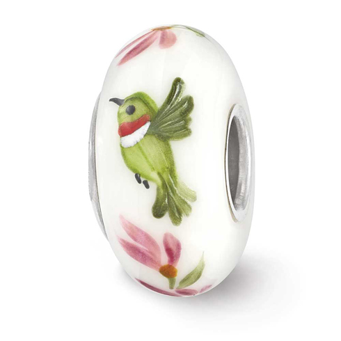 Sterling Silver Reflections White Hand Painted Hummingbird Glass Bead
