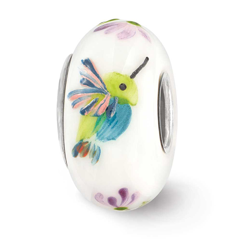 Sterling Silver Reflections White Hand Painted Bird Floral Glass Bead