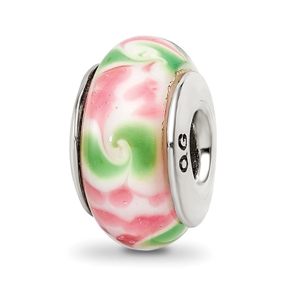 Sterling Silver Reflections Pink Dots Green Stripes Glass Bead