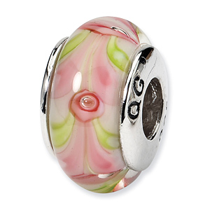 Sterling Silver Reflections Pink and Green Hand-blown Glass Bead