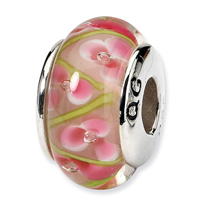 Sterling Silver Reflections Pink Green Hand-blown Glass Bead