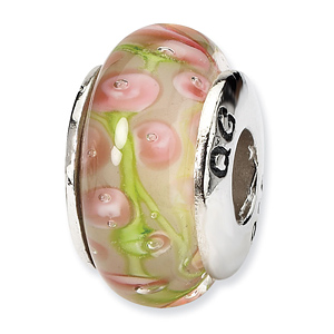 Sterling Silver Reflections Dull Pink Light Green Hand-blown Glass Bead