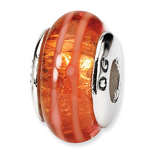 Sterling Silver Reflections Orange Striped Hand-blown Glass Bead