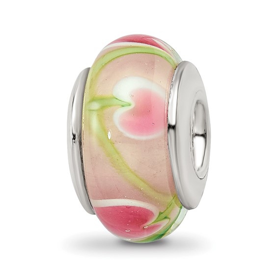 Sterling Silver Reflections Pink Green Flower Glass Bead