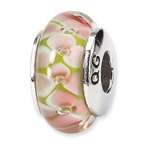 Sterling Silver Reflections Green Glass Bead with Pink Flowers