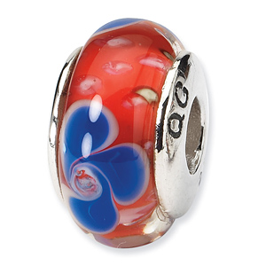 Sterling Silver Reflections Red Blue Hand-blown Glass Bead