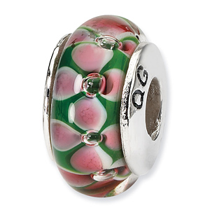 Sterling Silver Reflections Pink Dark Green Hand-blown Glass Bead