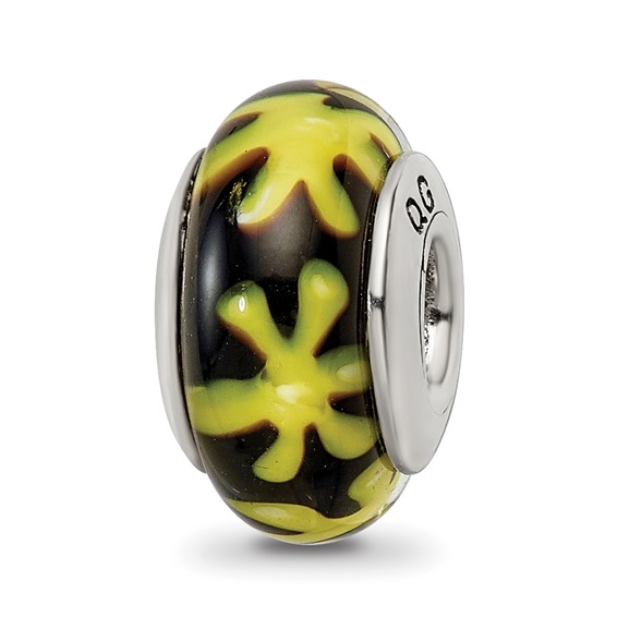 Sterling Silver Reflections Yellow Black Hand-blown Glass Bead