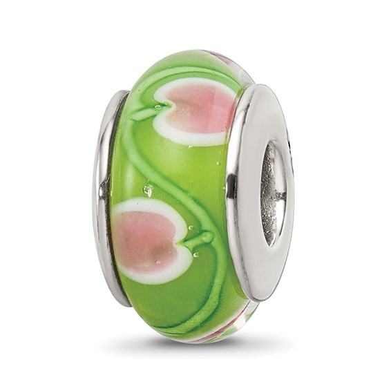 Sterling Silver Reflections Lime Green Glass Bead with Pink Flowers