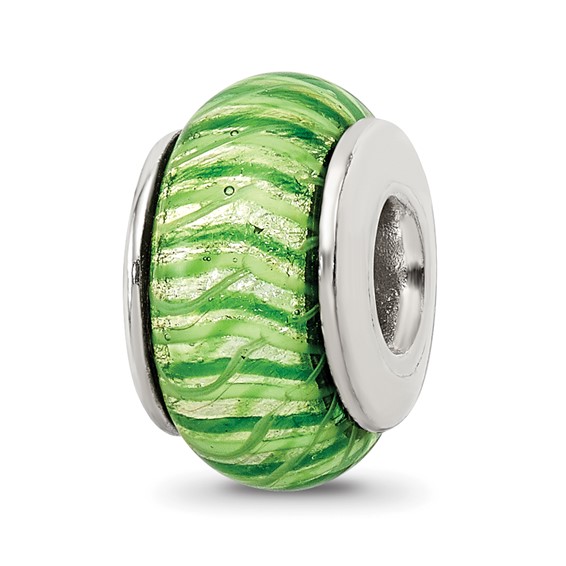 Sterling Silver Reflections Glass Bead with Green and Lime Stripes