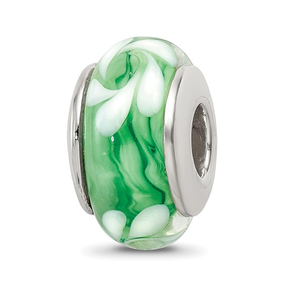 Sterling Silver Reflections Classic Green White Hand-blown Glass Bead