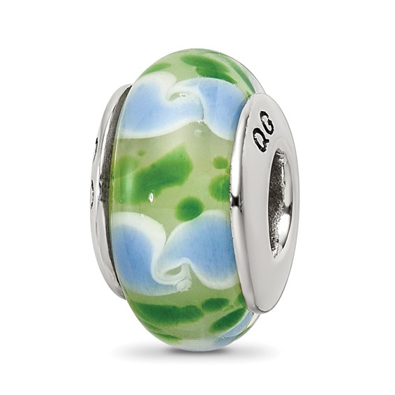 Sterling Silver Reflections Green Blue Hand-blown Glass Bead
