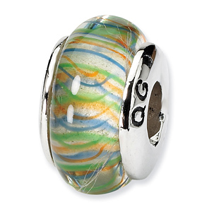 Sterling Silver Reflections GreenPastel Striped Hand-blown Glass Bead