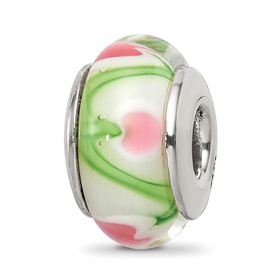 Sterling Silver White Pink Green Hand-blown Glass Bead
