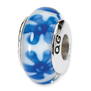 Sterling Silver Reflections Blue White Floral Hand-blown Glass Bead