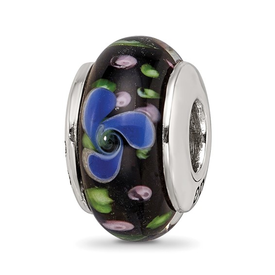 Sterling Silver Reflections Black Hand-blown Glass Bead Space Pattern