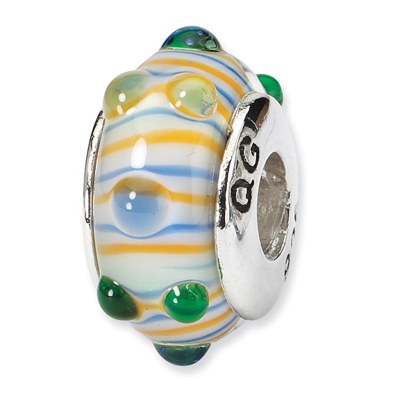 Sterling Silver Blue Green Yellow Stripes Hand-blown Glass Bead